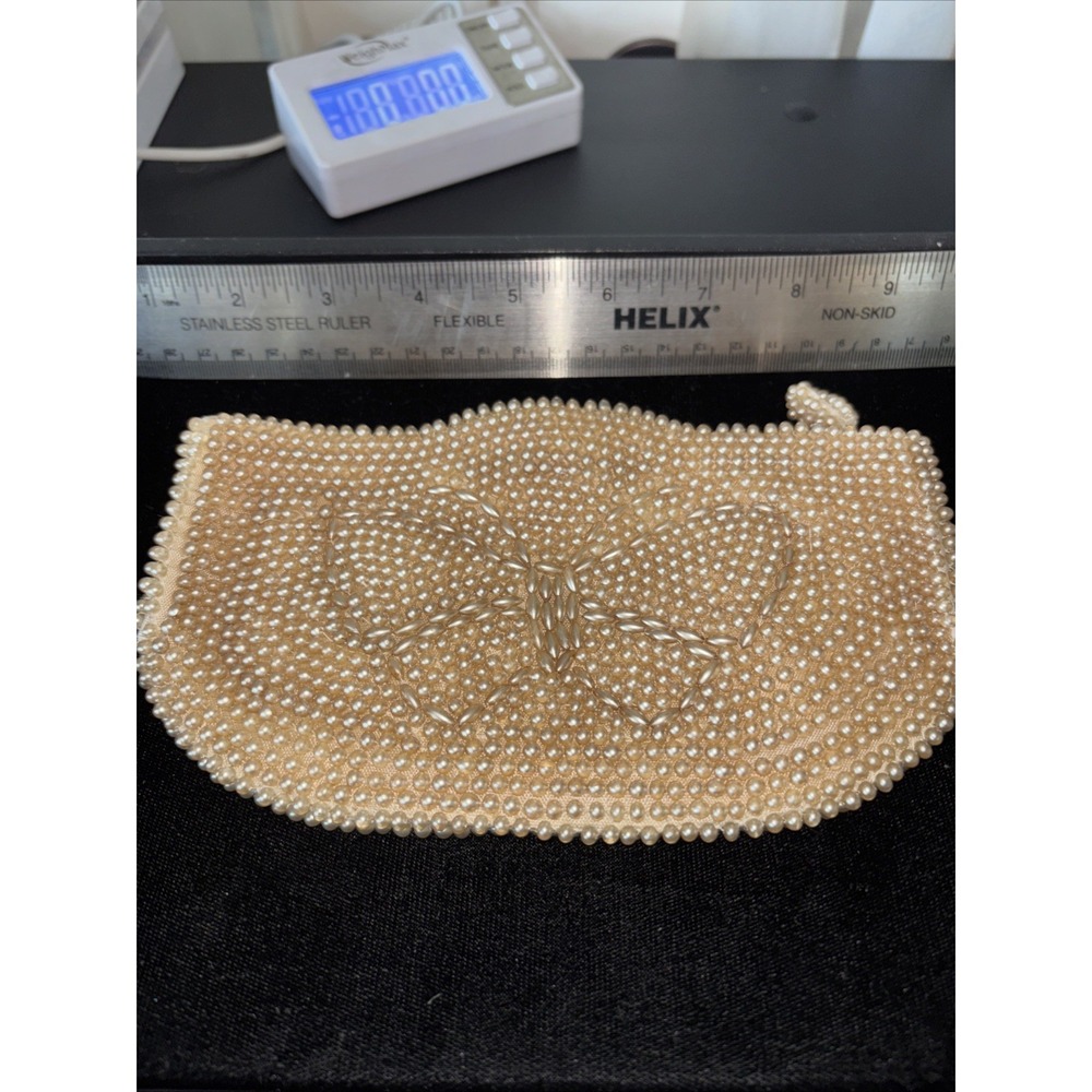 Vintage Beaded Off White Handbag Clutchbutterfly‎ pearls HandMade Japan 3847